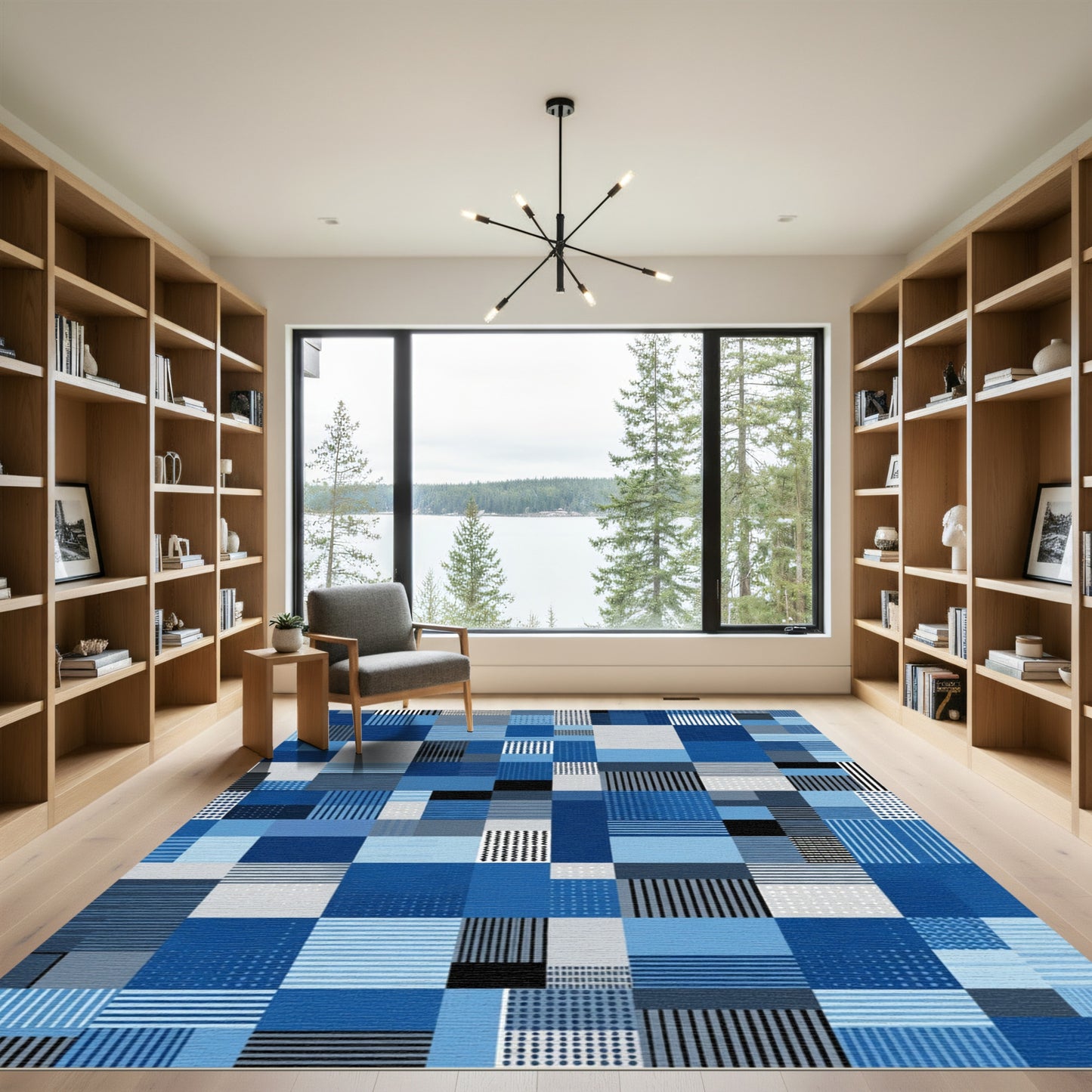 Deep Blue Geometric Square Mosaic Rug