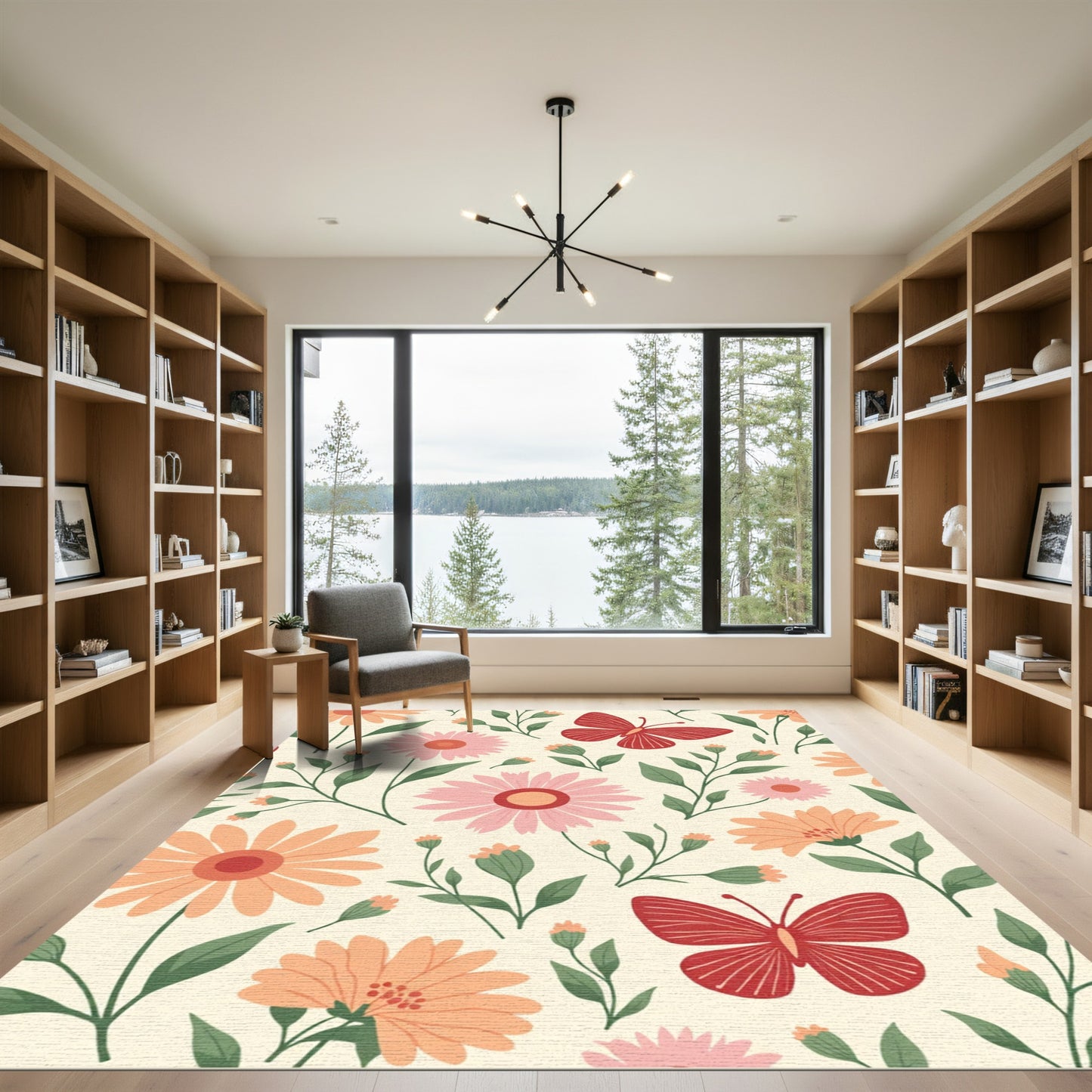 Whimsical Red Butterfly Floral Garden Rug