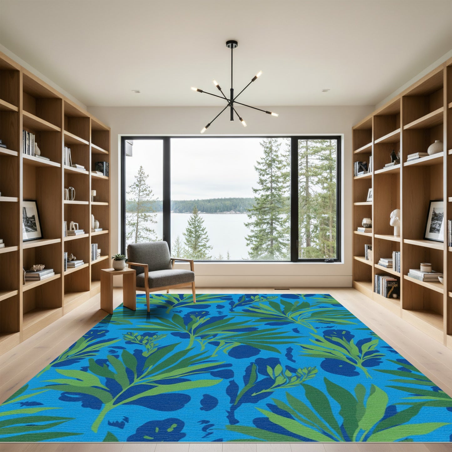 Vibrant Green Foliage on Blue Background Rug