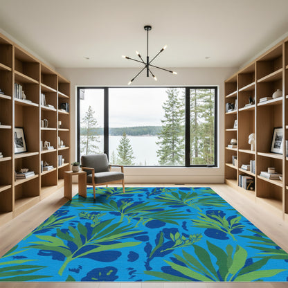 Vibrant Green Foliage on Blue Background Rug