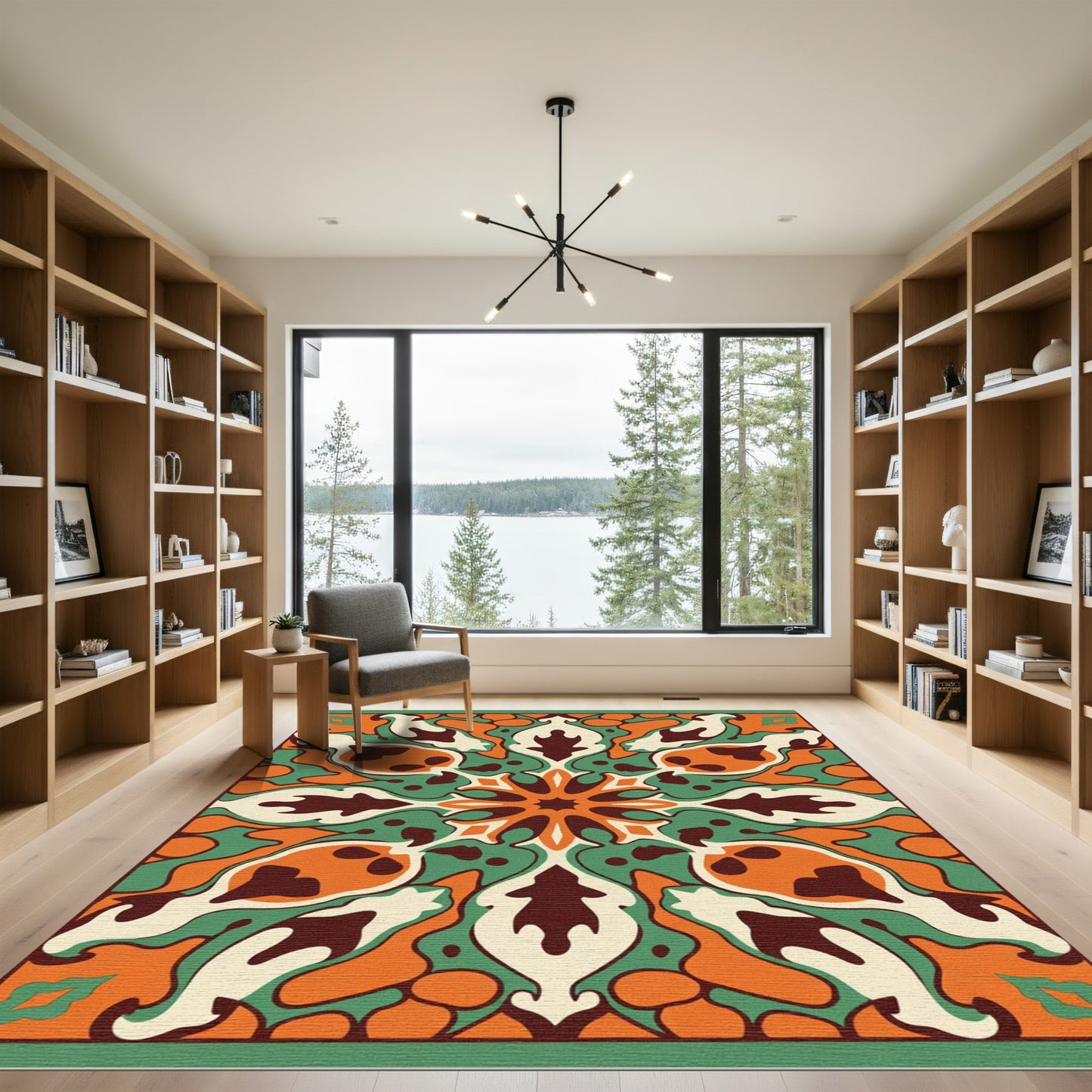Orange Green Cream Abstract medallion Rug