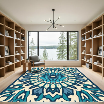 Serene Teal Blue Floral Mandala Rug