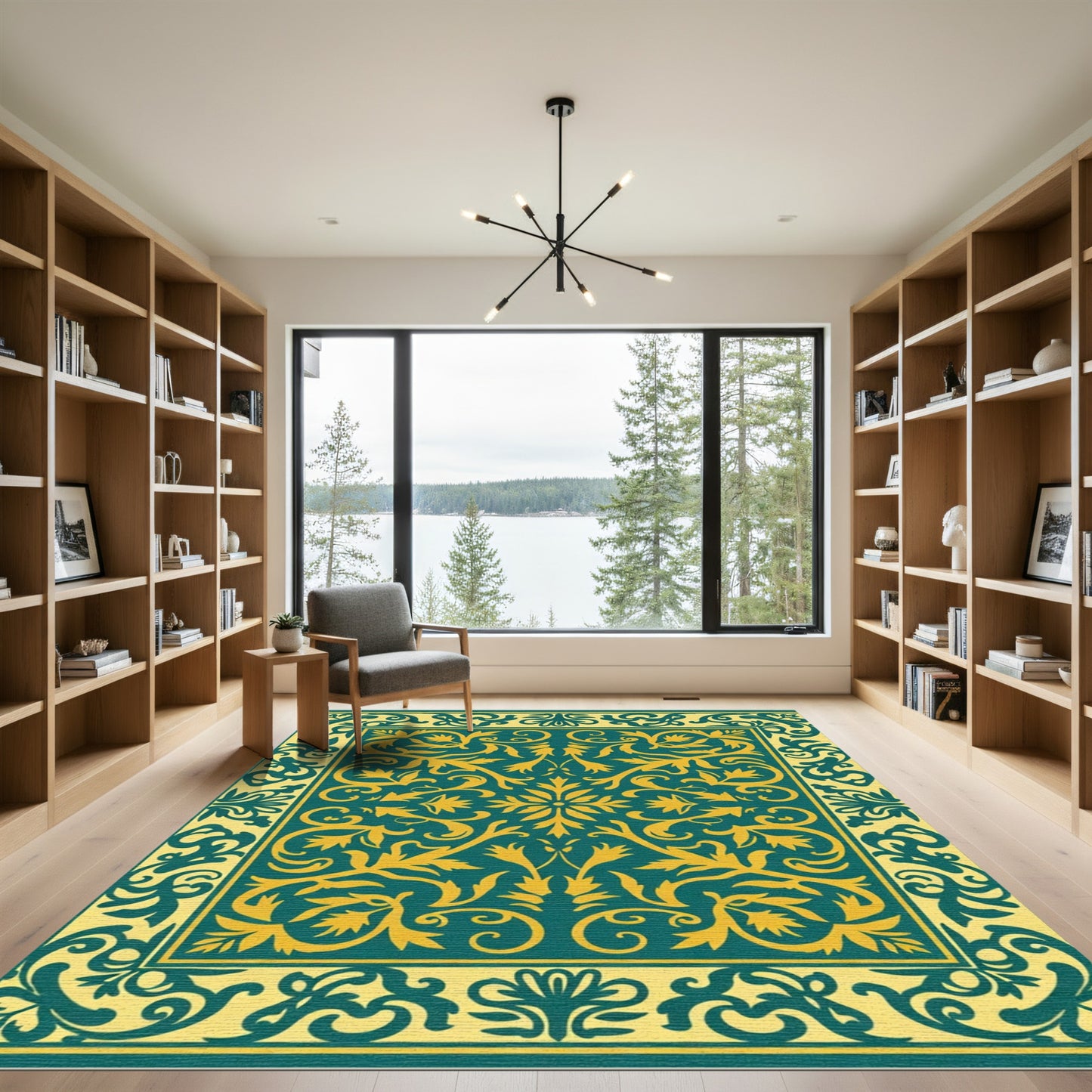 Golden Teal Floral Scroll Border Rug