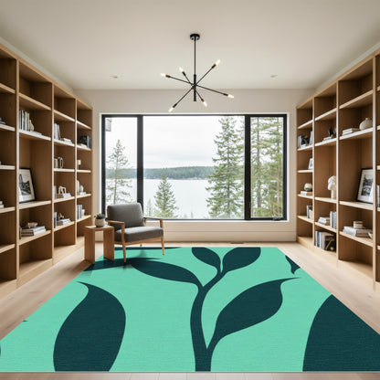 Teal Deep Leaf Branch Illustration Rug