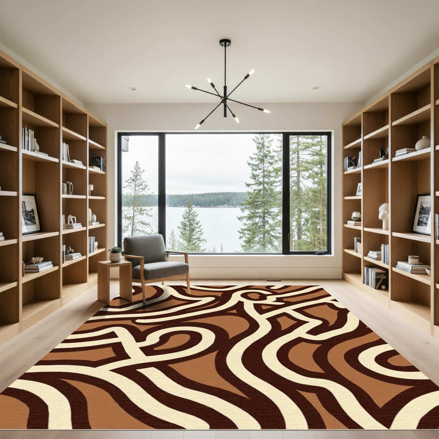 Earthy Cream Brown Abstract Swirl Rug
