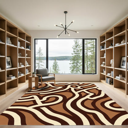 Earthy Cream Brown Abstract Swirl Rug