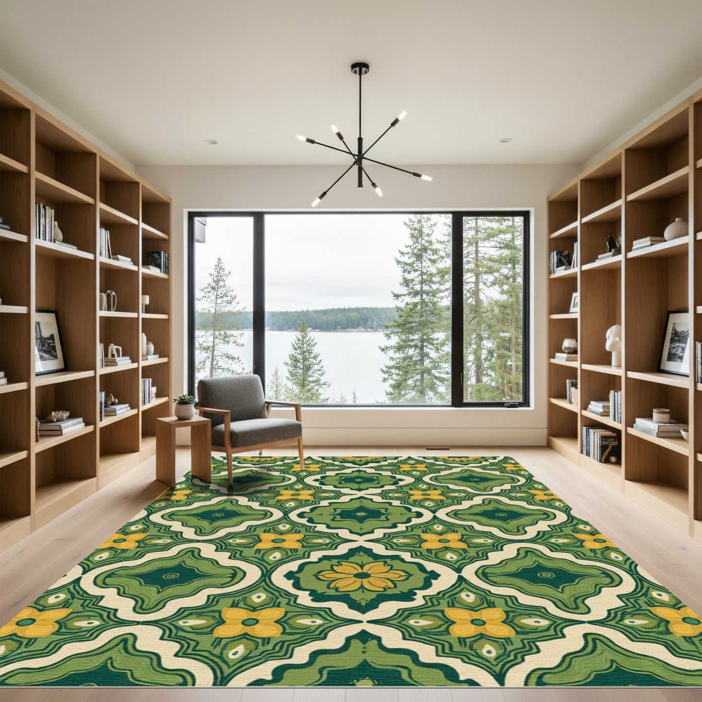 Retro Green Yellow Floral Quatrefoil Rug