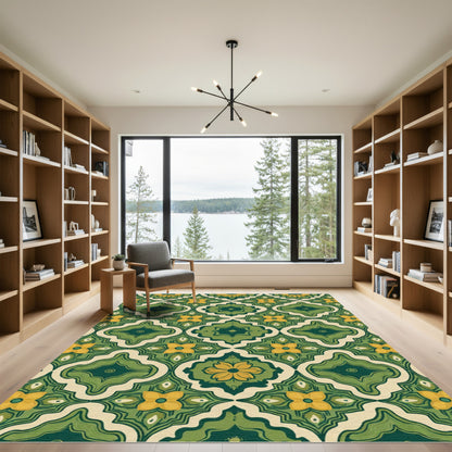 Retro Green Yellow Floral Quatrefoil Rug
