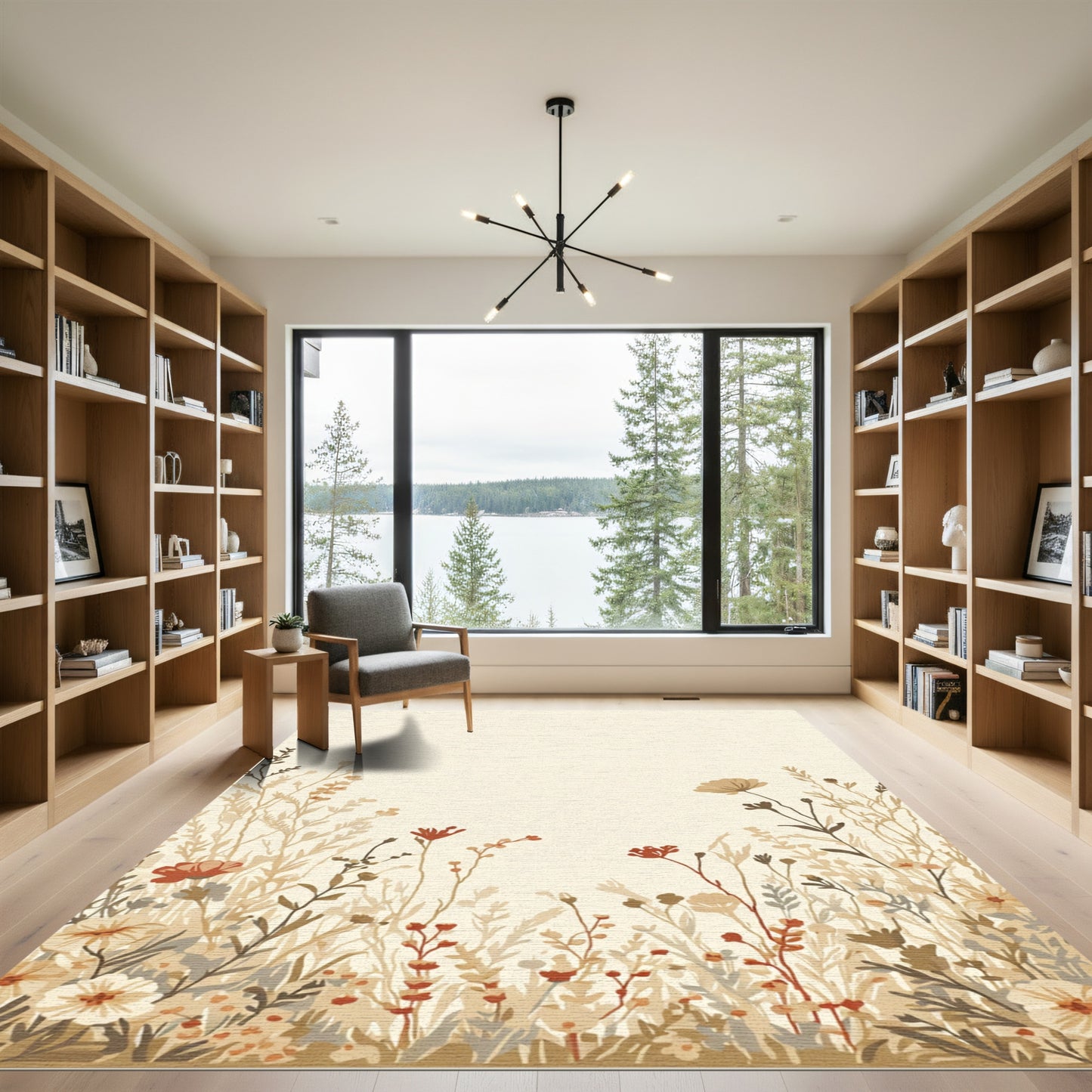 Earthy Botanical Meadow Floral Scene Rug