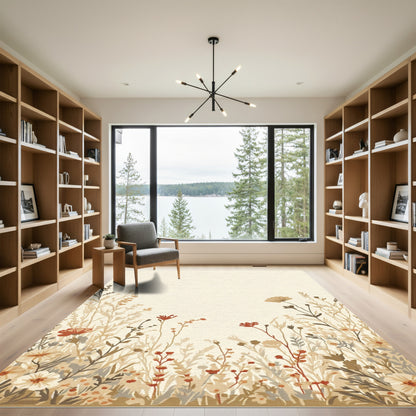 Earthy Botanical Meadow Floral Scene Rug