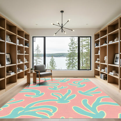 Coral Teal Abstract Organic Swirl Rug