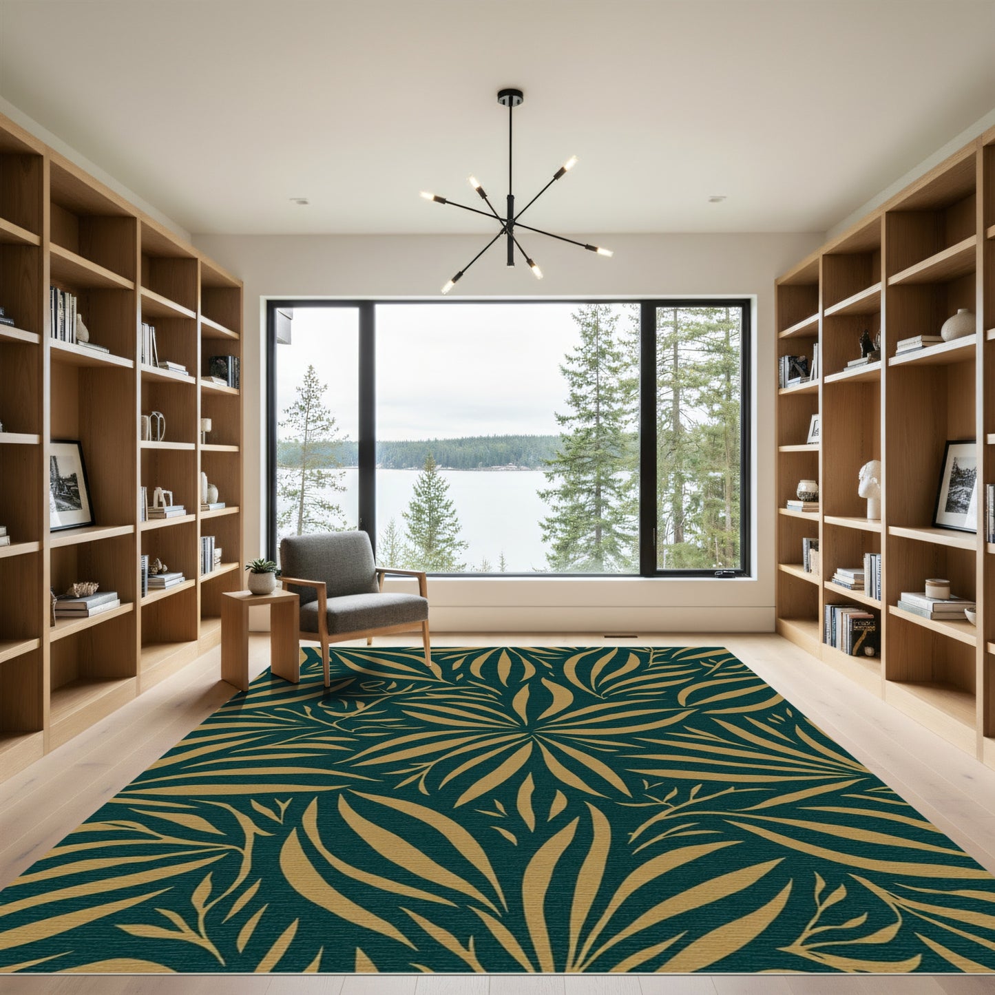 Deep Teal Golden Leaf Foliage Rug