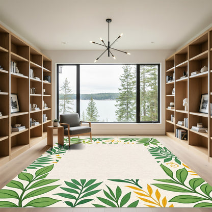 Green Leafy Branches Cream Background Rug
