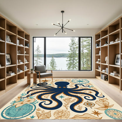 Navy Octopus Nautical Compass Illustration Rug