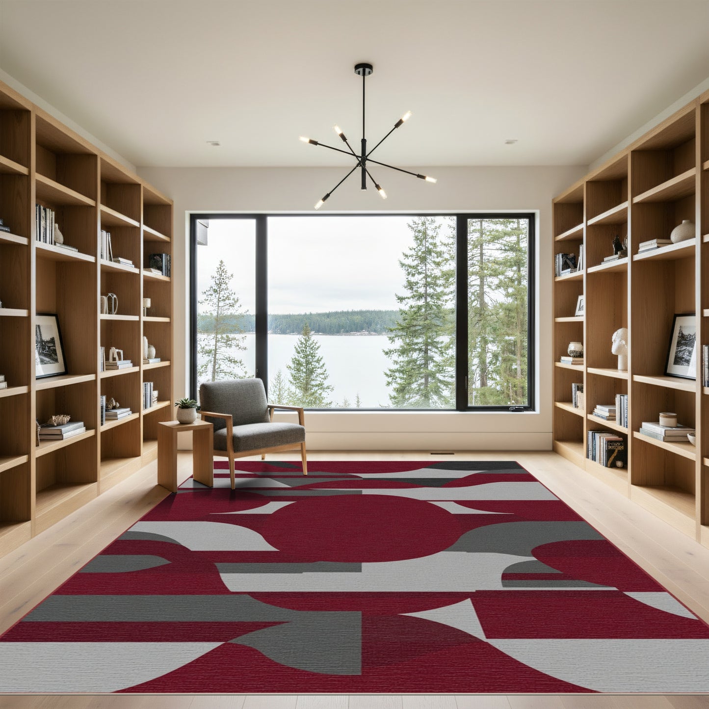 Crimson Gray Abstract Circles Overlay Rug
