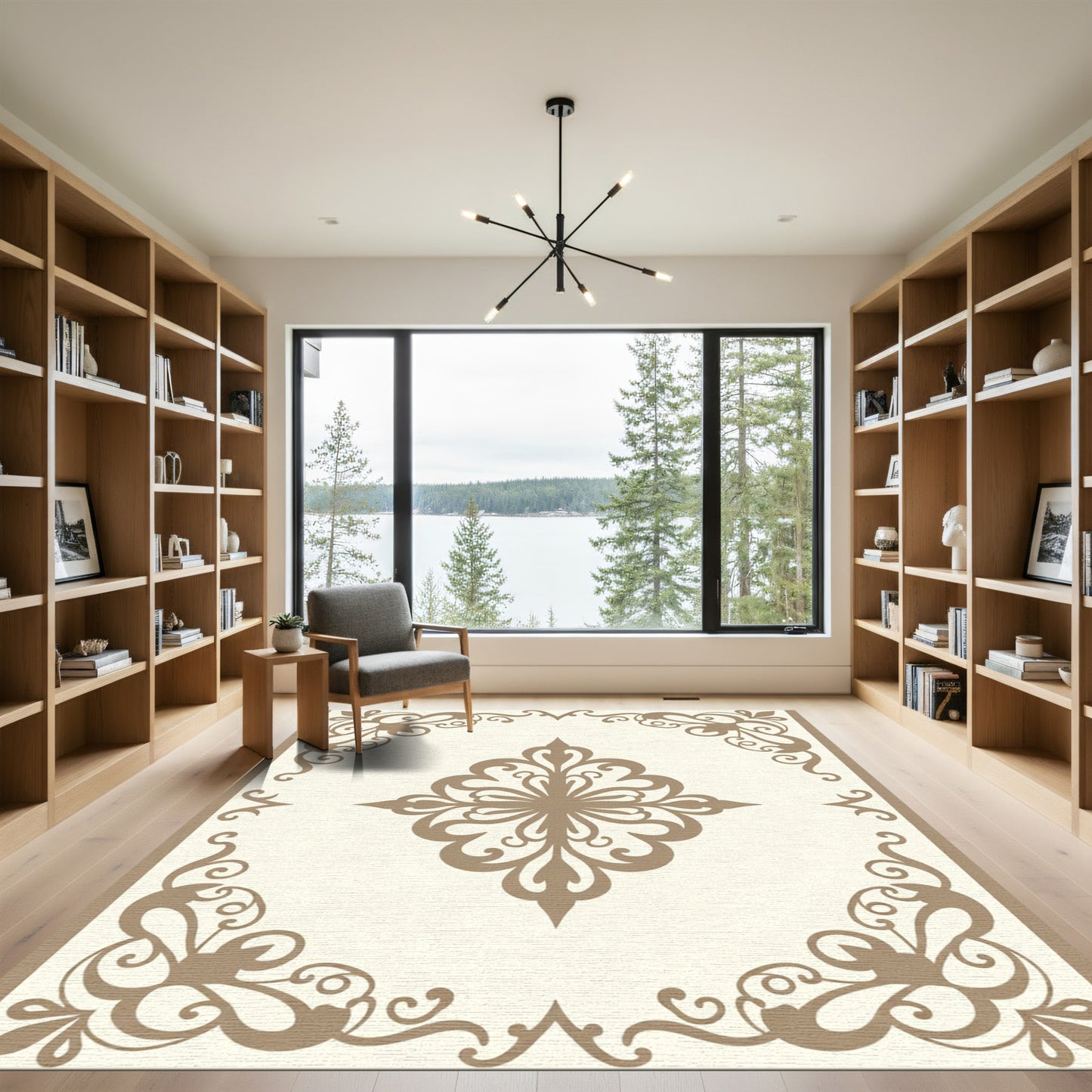 Elegant Cream Tan Filigree Medallion Rug