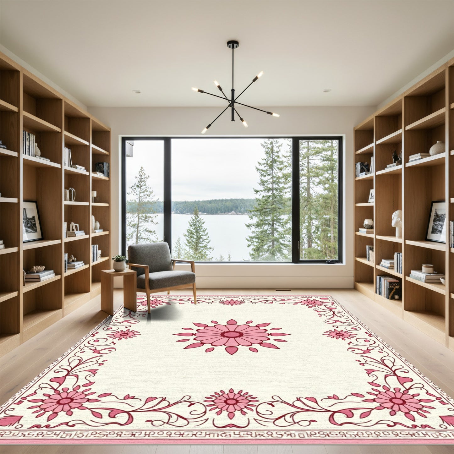 Pink Floral Border Medallion Rug