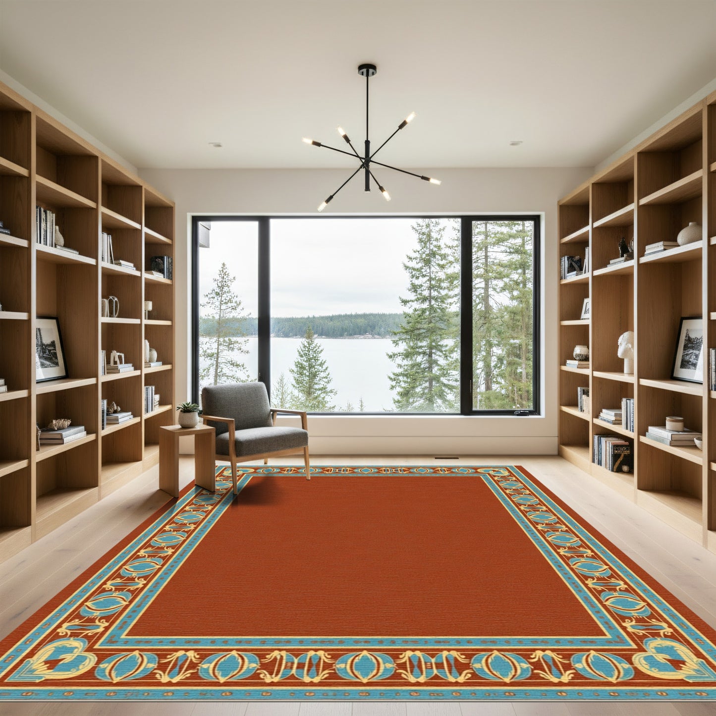 Terracotta Bordered Geometric Scroll Rug