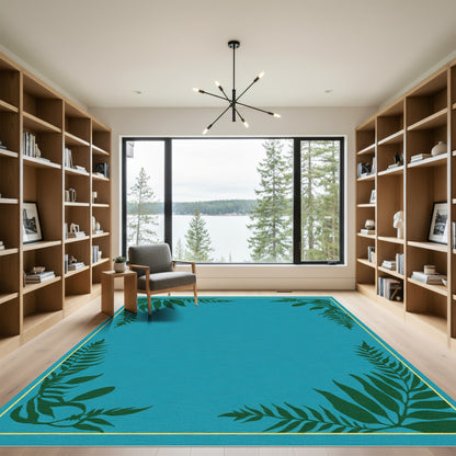 Teal Fern Leaf Corner Frame Rug