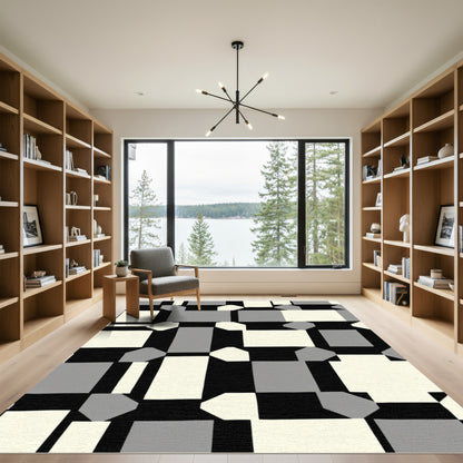 Modern Black Cream Gray Geometric Shapes Rug