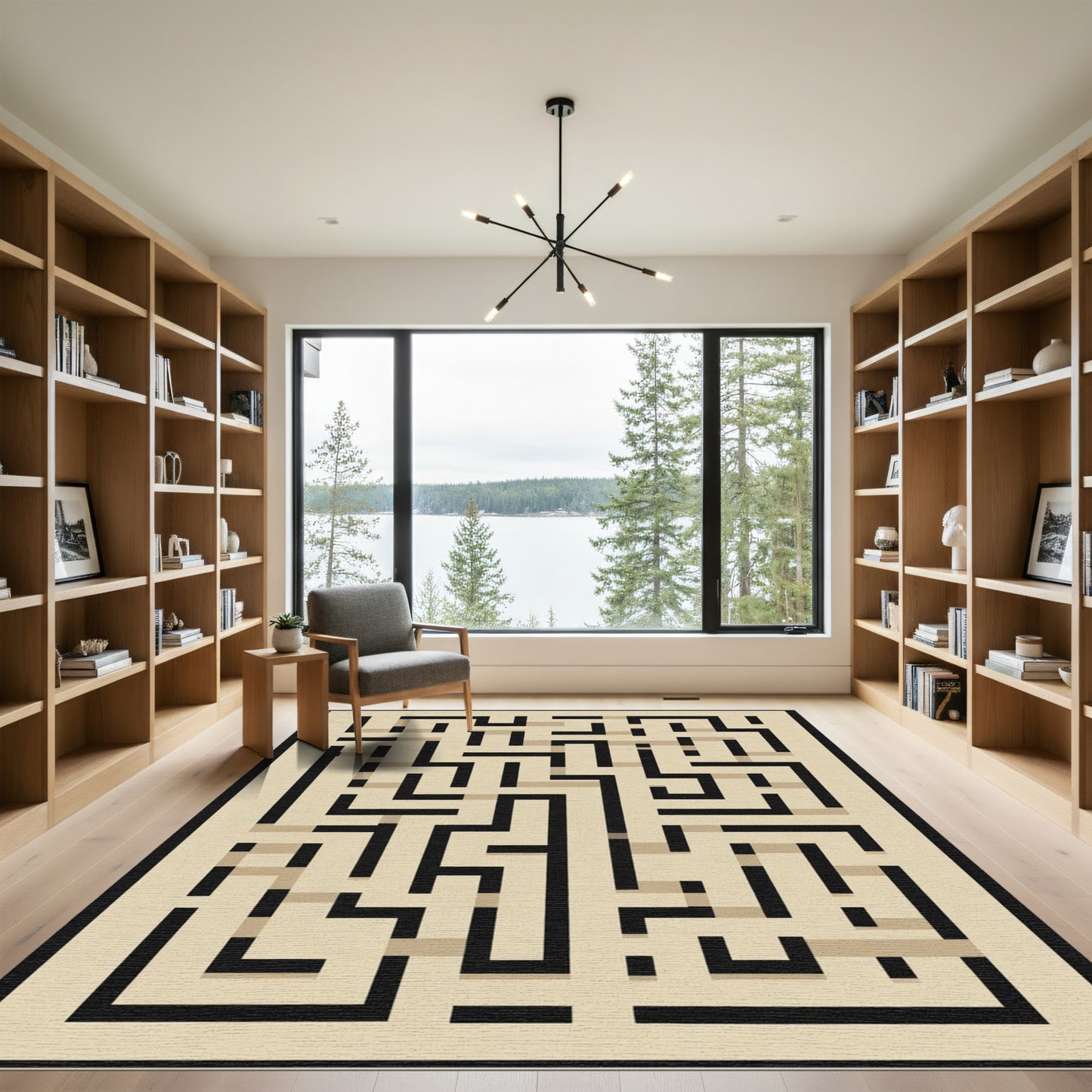 Black Beige Maze Lines Rug