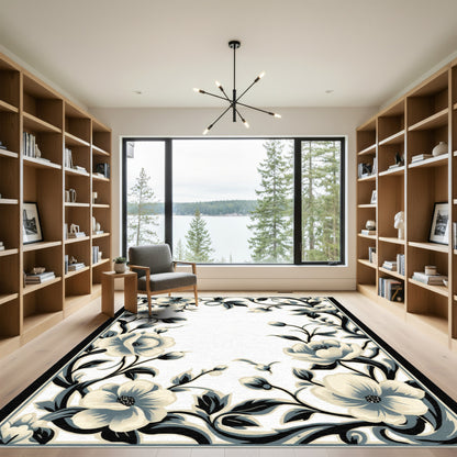 Classic Cream Black Floral Vine Rug