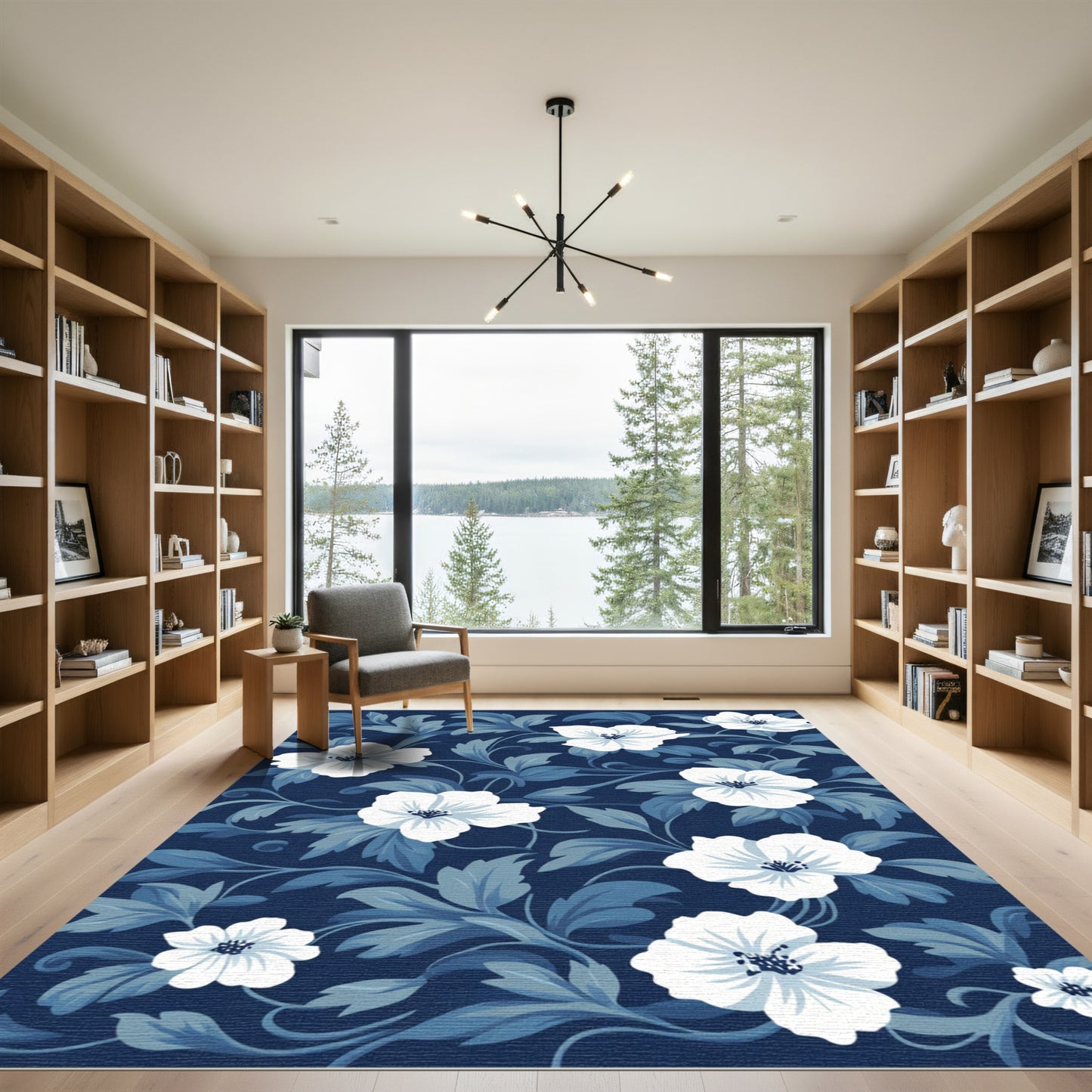 Deep Blue Floral Vine Accent Rug