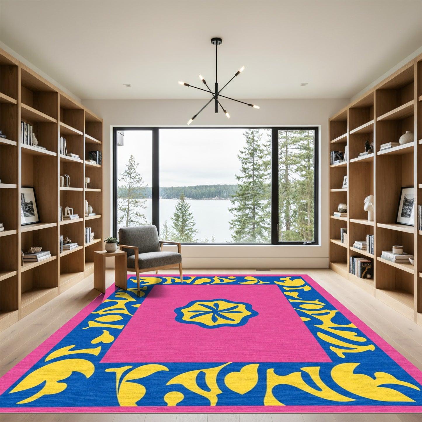 Hot Pink Blue Yellow Floral Frame Rug