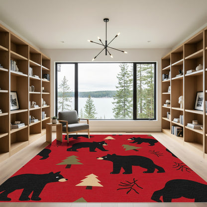 Red Black Bear Forest Whimsical Rug