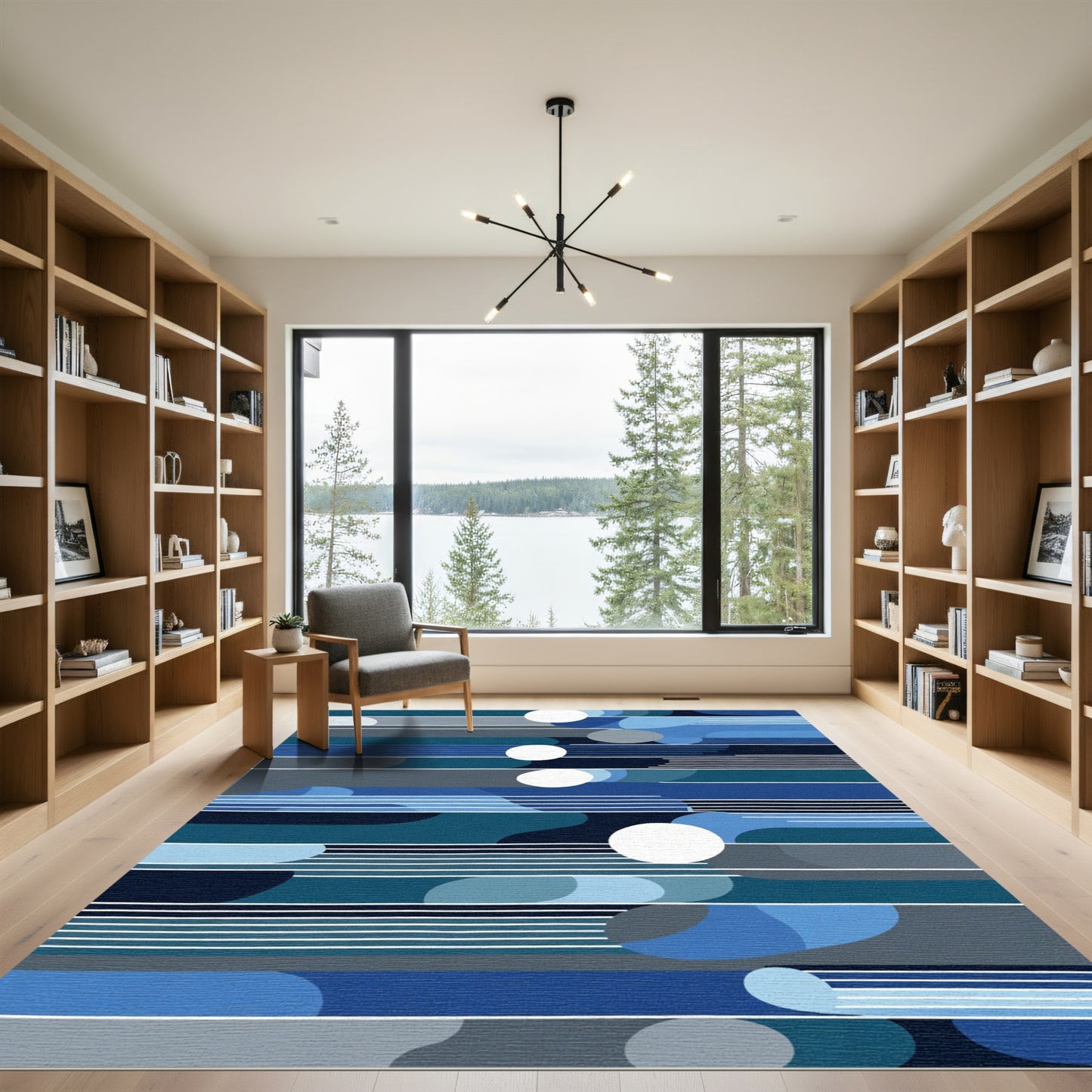 Abstract Blue Gradient Wave Lines Rug