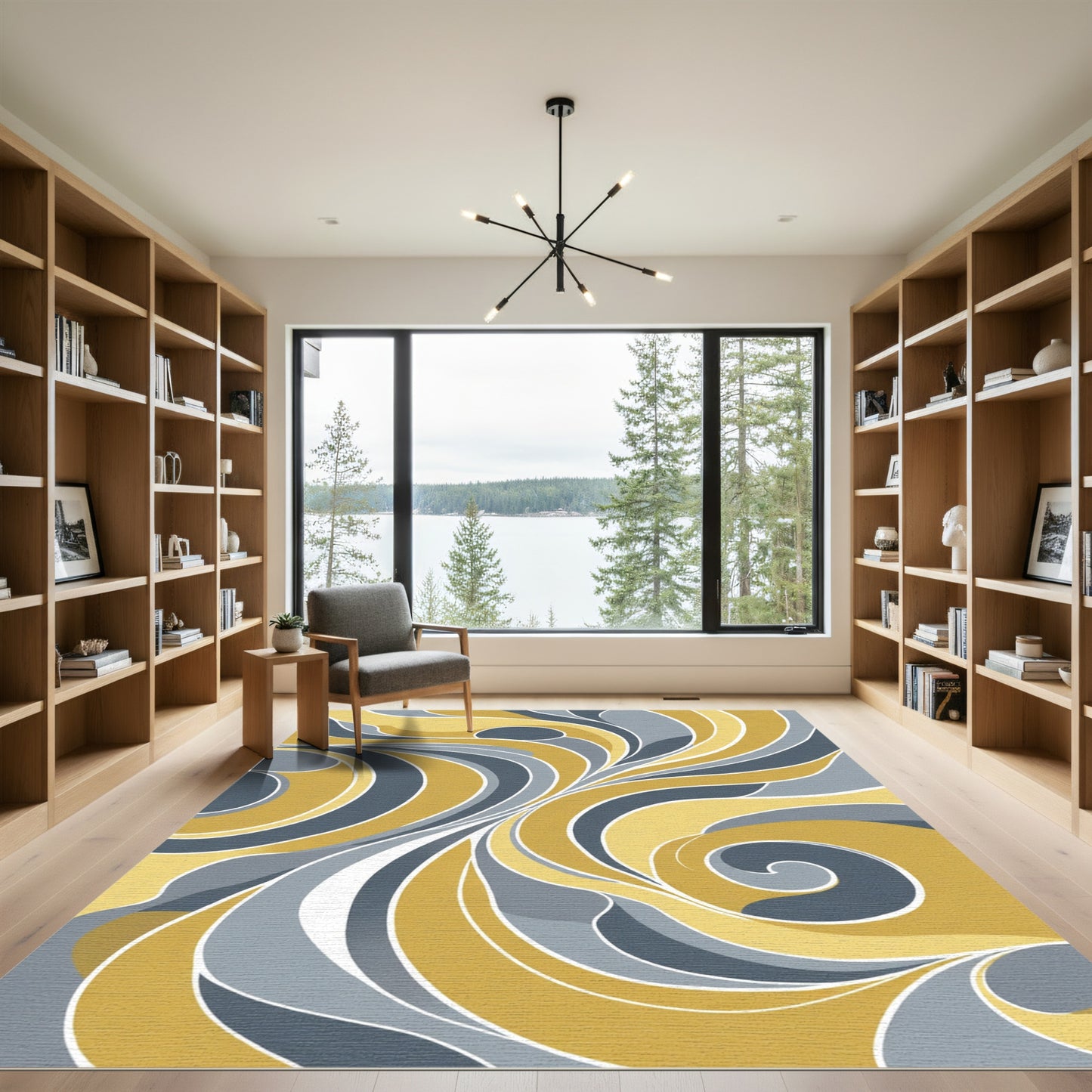 Abstract Gold Gray Swirl Ribbons Rug