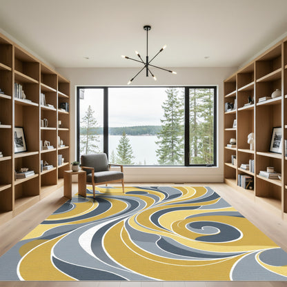 Abstract Gold Gray Swirl Ribbons Rug