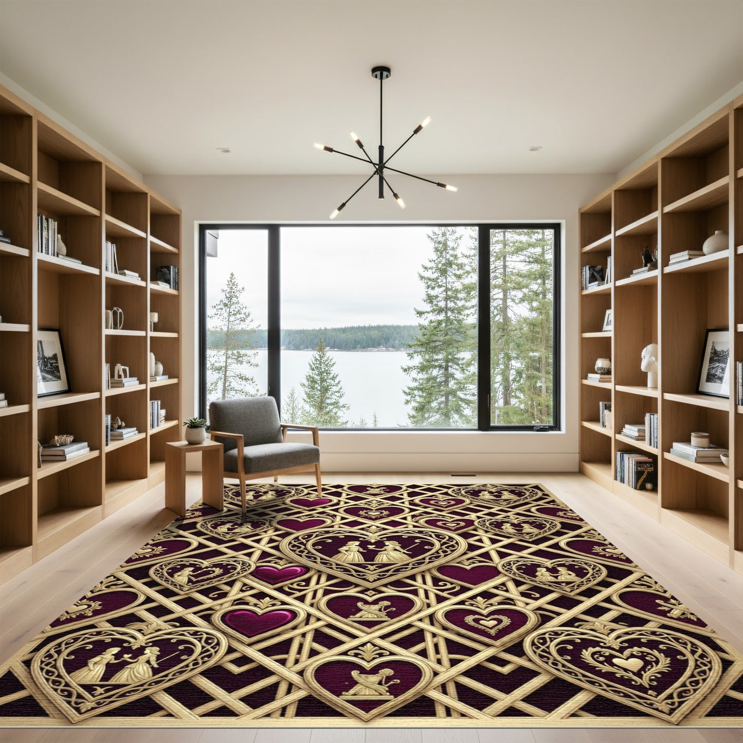 Ornate Gold Heart Lattice Crimson Rug
