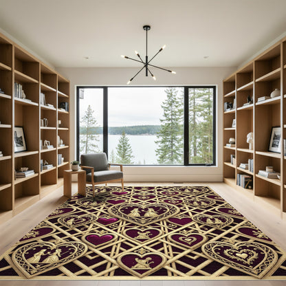 Ornate Gold Heart Lattice Crimson Rug