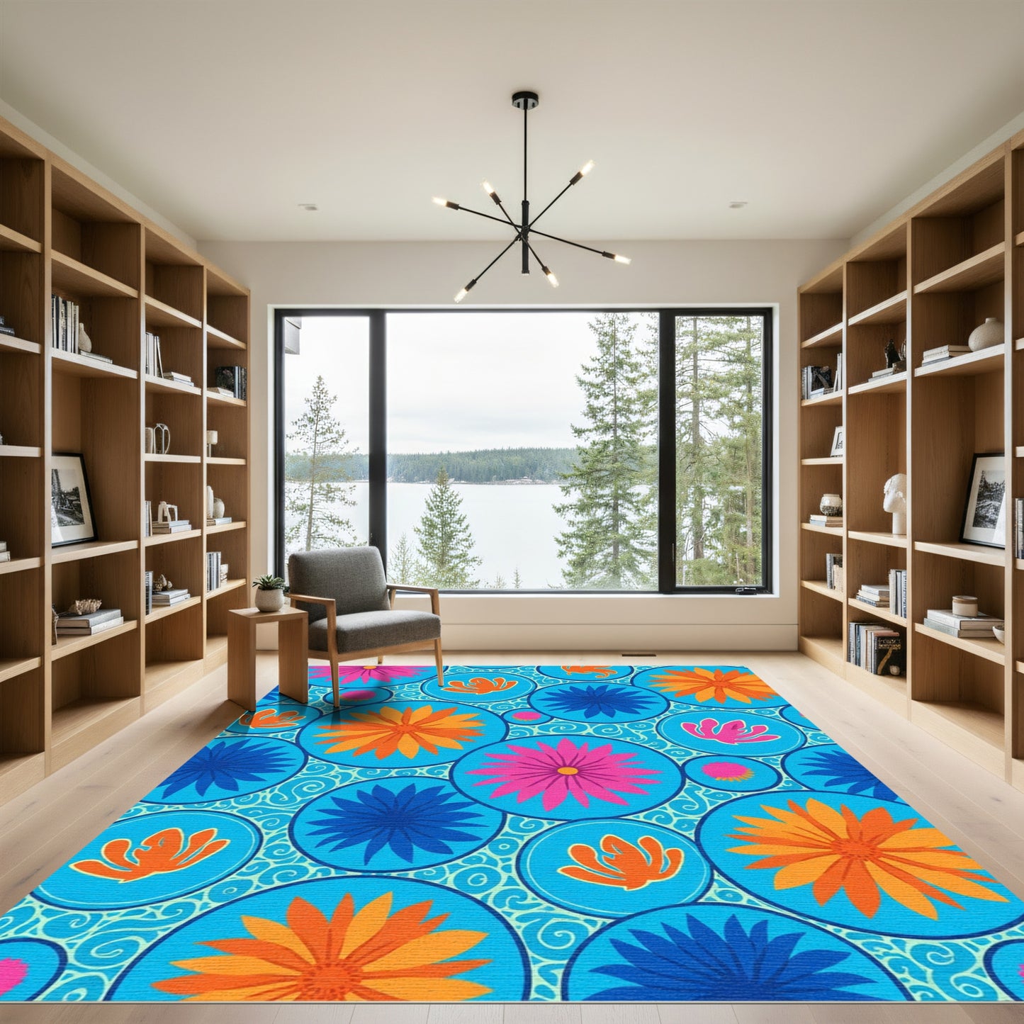 Vibrant Blue Floral Round Mosaic Rug