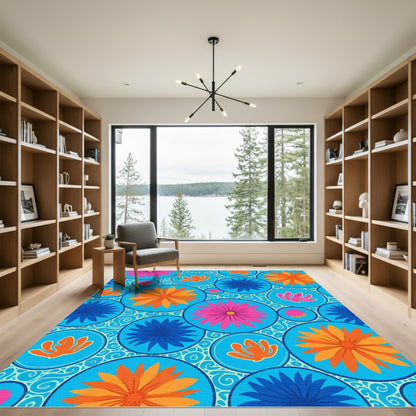 Vibrant Blue Floral Round Mosaic Rug