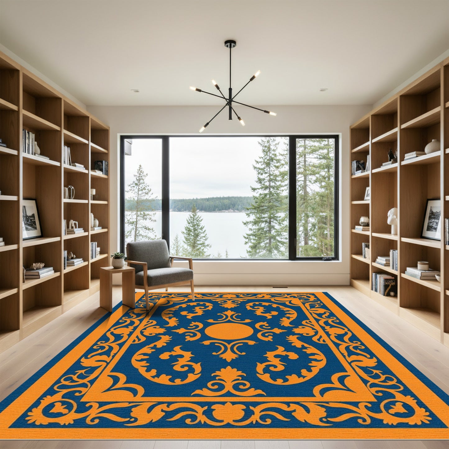 Royal Blue Orange Scrollwork Medallion Rug