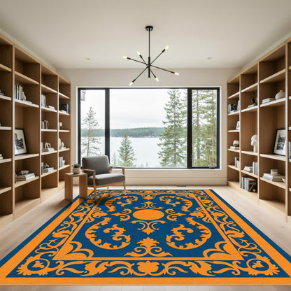 Royal Blue Orange Scrollwork Medallion Rug