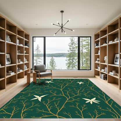 Emerald Green Golden Botanical Branch Rug