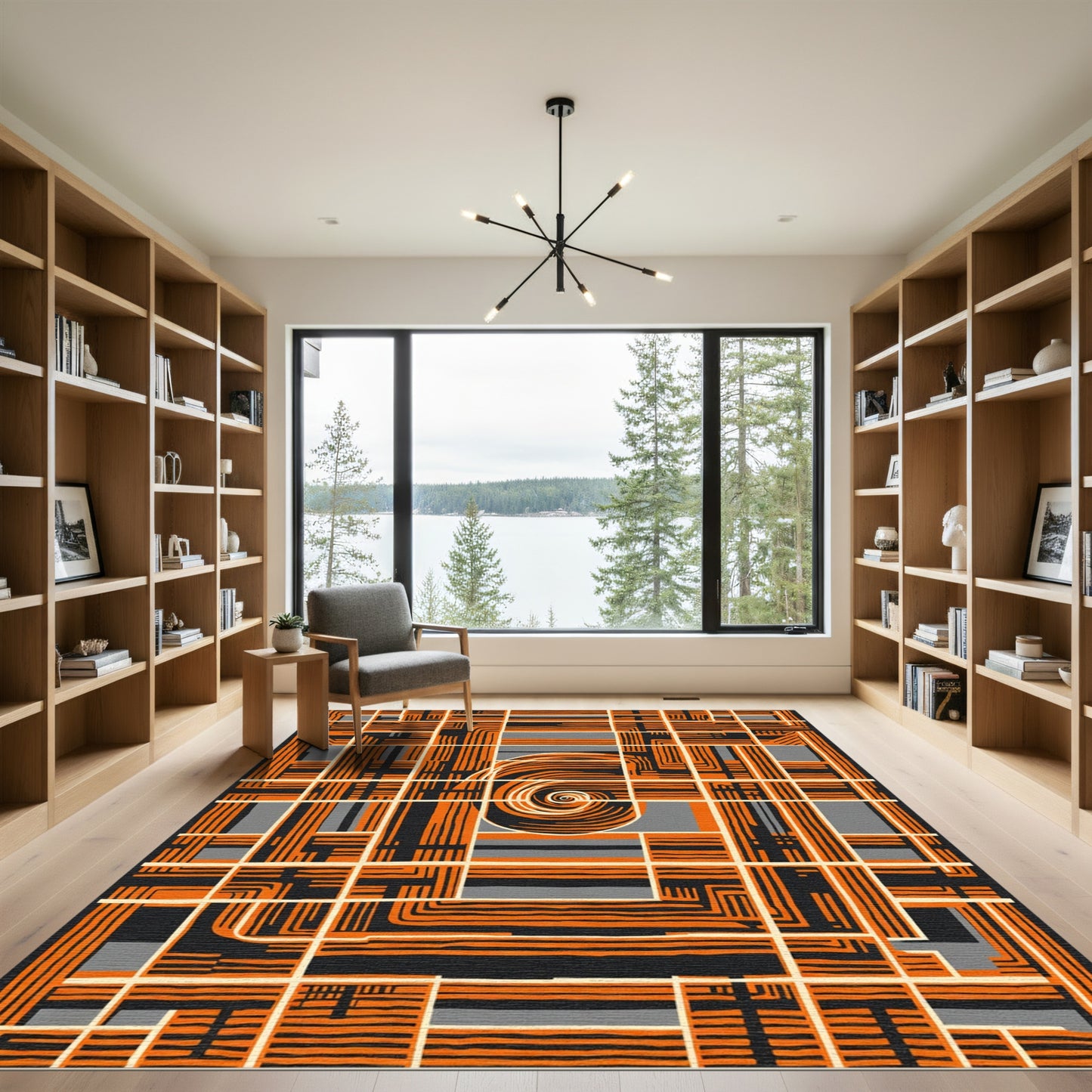 Bold Orange Grid With Spiral Swirl Rug