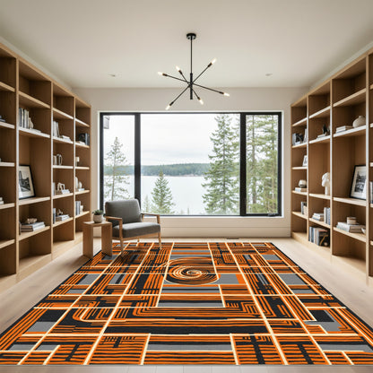 Bold Orange Grid With Spiral Swirl Rug