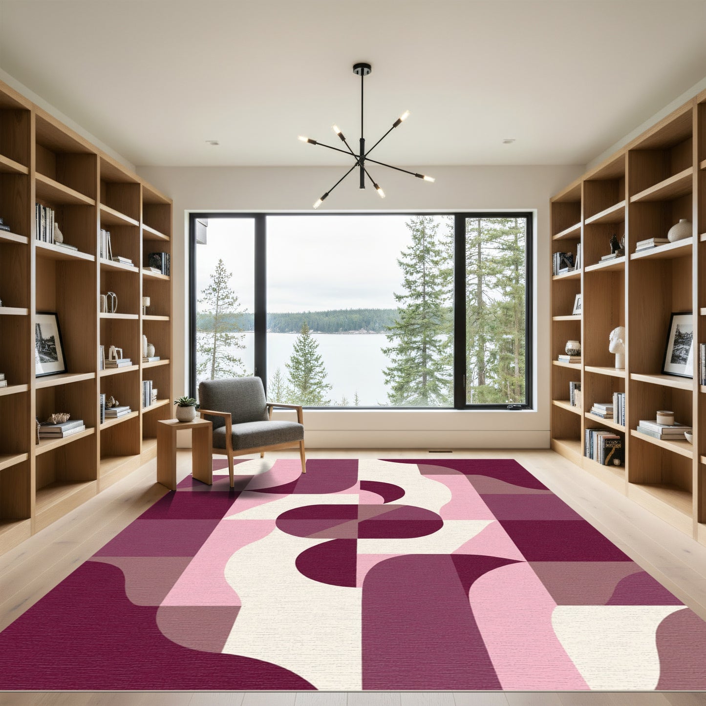 Crimson Rose Abstract Geometric Flow Rug
