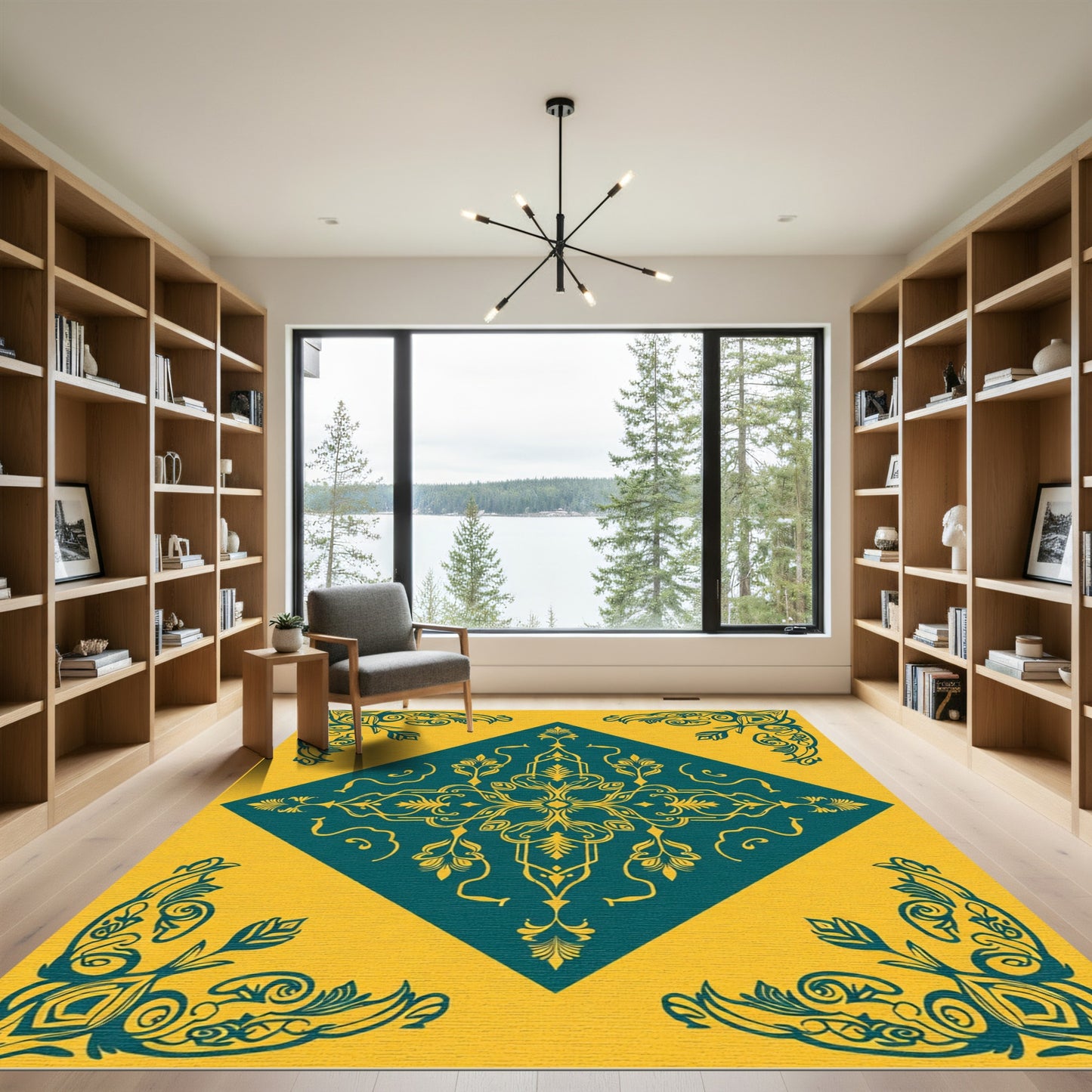 Teal Yellow Ornamental Center Medallion Rug