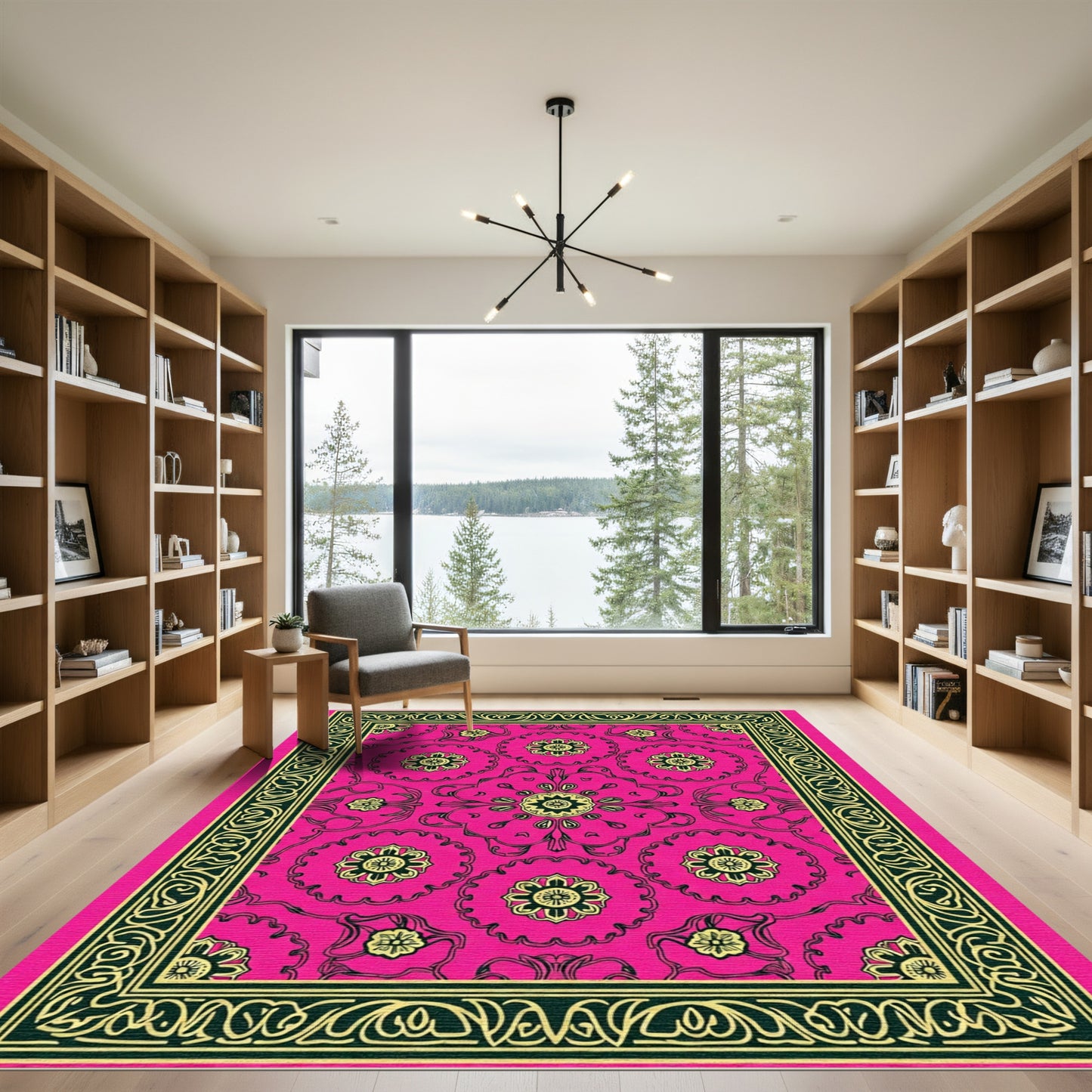 Hot Pink Floral Geometric Border Rug