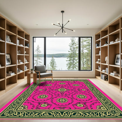 Hot Pink Floral Geometric Border Rug