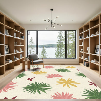 Tropical Leaf Scatter Pink Green Yellow Rug