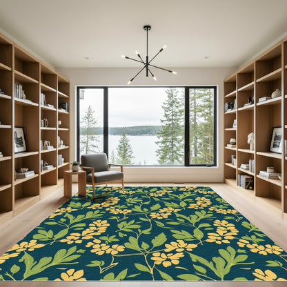 Deep Blue Floral Vine Garden Rug