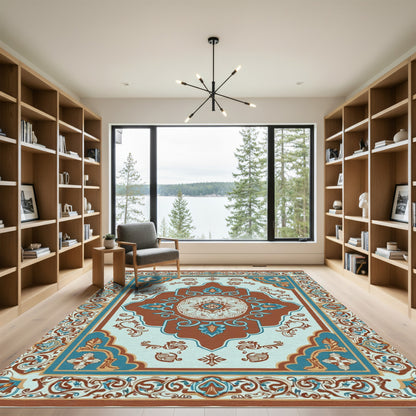 Terracotta Teal Medallion Scroll Border Rug