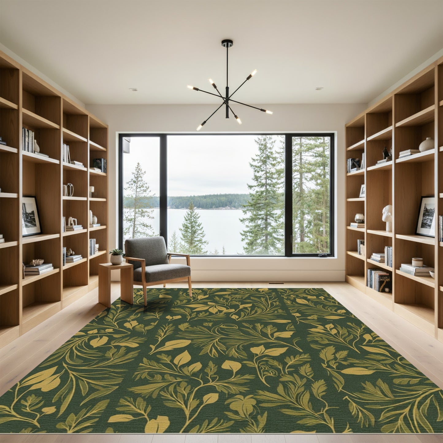 Dark Green Golden Leafy Branches Rug