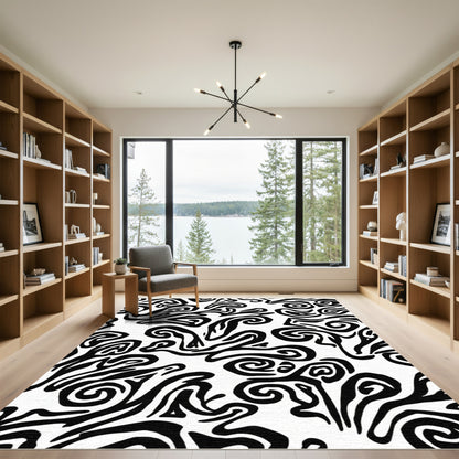 Black White Abstract Whirling Swirls Rug